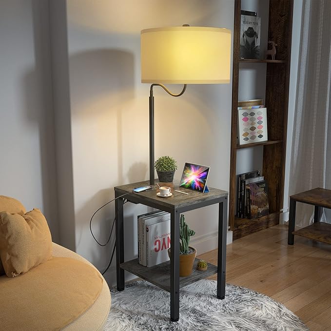 LED Floor Lamp with Table - End Table with USB Charging Port, Power Outlet, Bedside Nightstand Shelves, Side Table with Reading Standing Light for Living Room, Black Oak, Bulb Included, 2 Pack - LeafyLoom