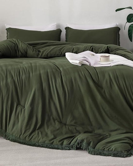 Litanika Queen Size Comforter Set Olive Green, 3 Pieces Dark Green Boho Tassel Bed Comforter, All Season Oversized Bedding Comforter Sets (1 Comforter 90x90 inch, 2 Pillowcases) - LeafyLoom