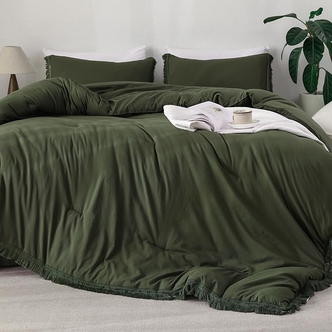 Litanika Queen Size Comforter Set Olive Green, 3 Pieces Dark Green Boho Tassel Bed Comforter, All Season Oversized Bedding Comforter Sets (1 Comforter 90x90 inch, 2 Pillowcases) - LeafyLoom