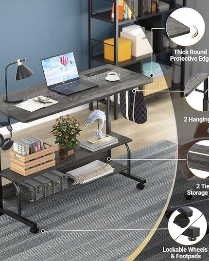 Height Adjustable Standing Desk with Power Outlets, 39" Manual Stand Up Desk with Storage Shelves Small Mobile Rolling Computer Desk Portable Laptop Table with Wheels for Home Office, Grey Oak - LeafyLoom