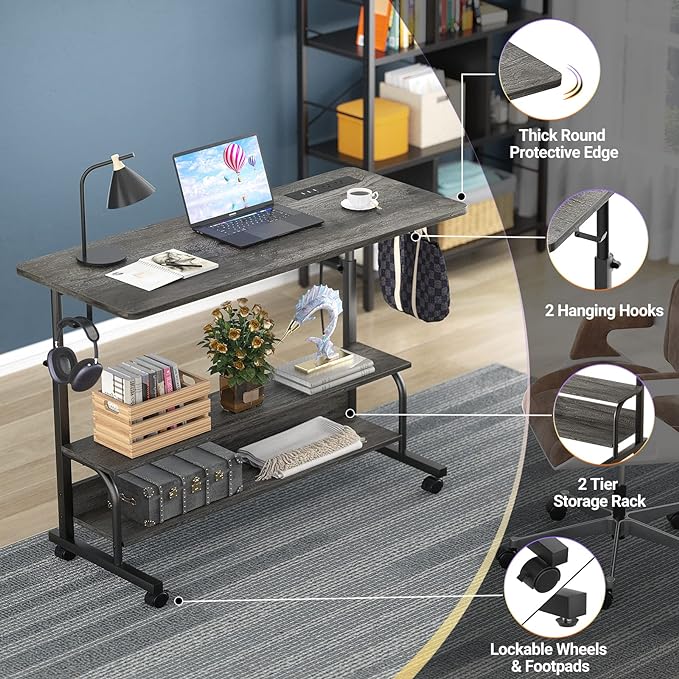 Height Adjustable Standing Desk with Power Outlets, 39" Manual Stand Up Desk with Storage Shelves Small Mobile Rolling Computer Desk Portable Laptop Table with Wheels for Home Office, Grey Oak - LeafyLoom