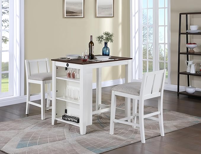 NicBex Kitchen Table for 2 Dining Room Table Set 3-Piece Small Space Counter Height Dining Table with Shelves and 2 Chairs for Small Space, Apartment, Breakfast Nook, White - LeafyLoom
