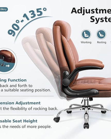 Office Chair, Ergonomic High Back Home Office Desk Chair, Big and Tall Breathable Leather Office Chair with Lumbar Support Flip-Up Armrests, Computer Chair with Rocking Function - LeafyLoom