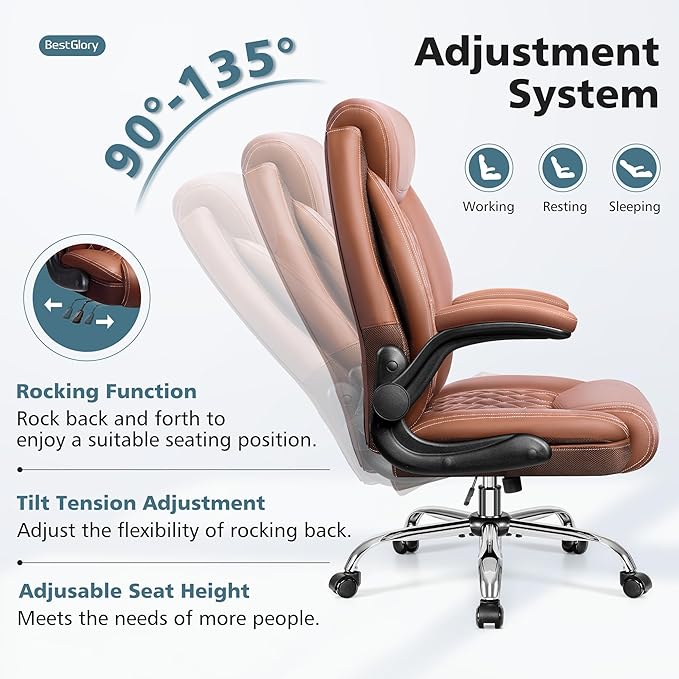 Office Chair, Ergonomic High Back Home Office Desk Chair, Big and Tall Breathable Leather Office Chair with Lumbar Support Flip-Up Armrests, Computer Chair with Rocking Function - LeafyLoom