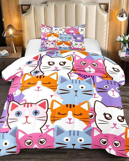 Cartoon Cat Bedding Set - 2Pcs Cute Cat Comforter Set for Bedroom Kids Boys Girls Cat Bedding Decor for All-Season Colorful Kitten Pattern Lovely Animal 1 Cat Comforter with 1 Pillowcase, Twin Size - LeafyLoom