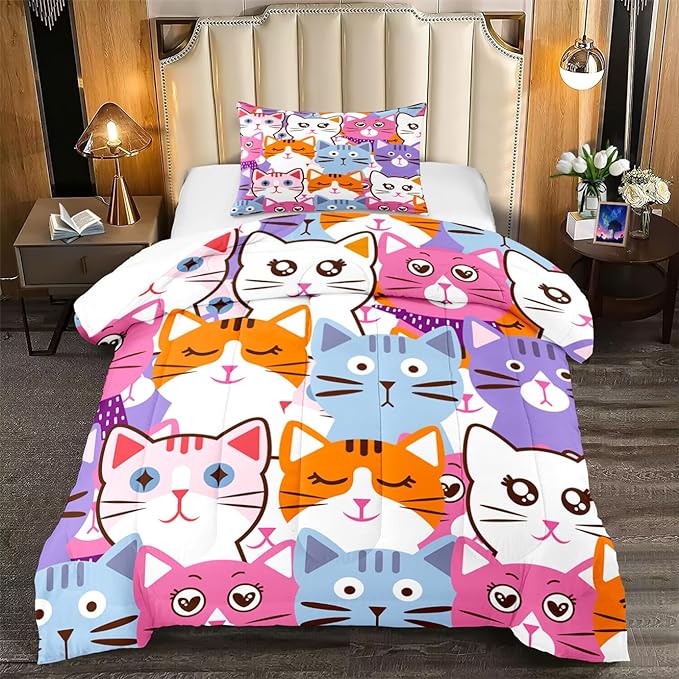 Cartoon Cat Bedding Set - 2Pcs Cute Cat Comforter Set for Bedroom Kids Boys Girls Cat Bedding Decor for All-Season Colorful Kitten Pattern Lovely Animal 1 Cat Comforter with 1 Pillowcase, Twin Size - LeafyLoom