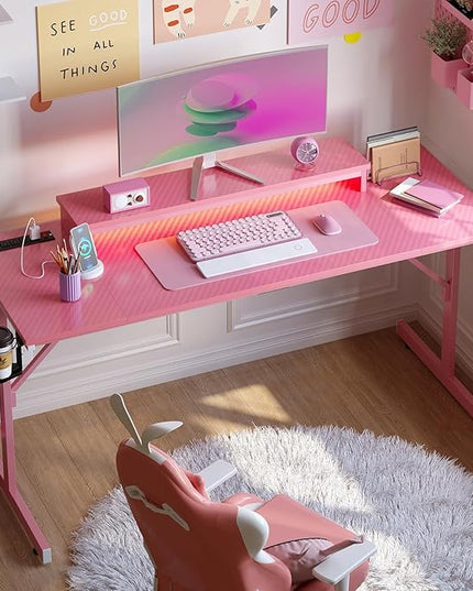 Bestier Gaming Desk with Power Outlets and USB Charging Ports, 52 Inch LED Small Computer Desk with Monitor Stand, Home Office Desk with Cup Holder & Headset Hooks, Desk for Office, Carbon Fiber Pink - LeafyLoom