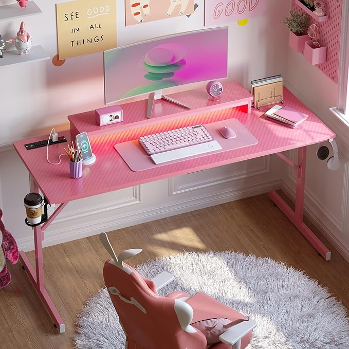 Bestier Gaming Desk with Power Outlets and USB Charging Ports, 52 Inch LED Small Computer Desk with Monitor Stand, Home Office Desk with Cup Holder & Headset Hooks, Desk for Office, Carbon Fiber Pink - LeafyLoom
