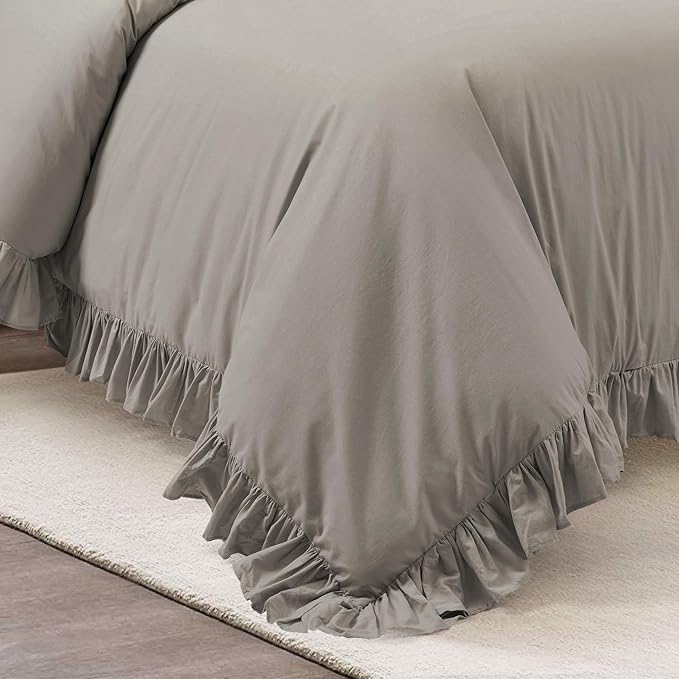 Lush Decor Reyna Ruffle 100% Cotton Duvet Cover Set - 3 Piece Cozy Ruffled Bedding Set - Timeless Elegance and Comfort - Full/ Queen, Gray - LeafyLoom