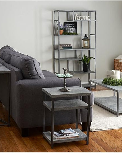 Household Essentials Jamestown Rectangular Coffee Table with Storage Shelf Rustic Slate Concrete and Black Metal, Grey - LeafyLoom