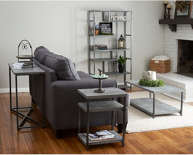 Household Essentials Jamestown Rectangular Coffee Table with Storage Shelf Rustic Slate Concrete and Black Metal, Grey - LeafyLoom