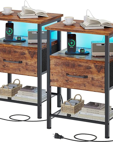 Night Stand Set 2, End Table with Charging Station, LED Bedside Table with Fabric Drawer for Bedroom, 3-Tier Side Table with Open Shelf, Rustic Brown - LeafyLoom