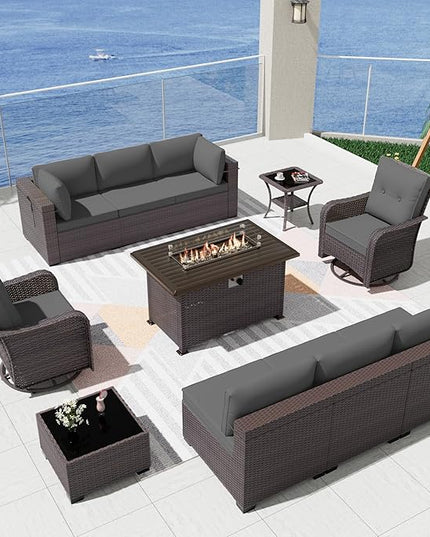 Patio Furniture Sectional Sofa Set 11-Pieces PE Rattan Swivel Rocking Chairs Patio Conversation Set w/43in Gas Fire Pit Table, Outdoor Furniture with 55000 BTU Propane Fire Pit, Grey - LeafyLoom