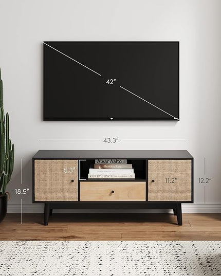Nathan James Bonnie Modern TV Stand Entertainment Cabinet, Console with a Natural Wood Finish with Storage Doors for Living Media Room, with Drawer, Black Oak/Rattan - LeafyLoom