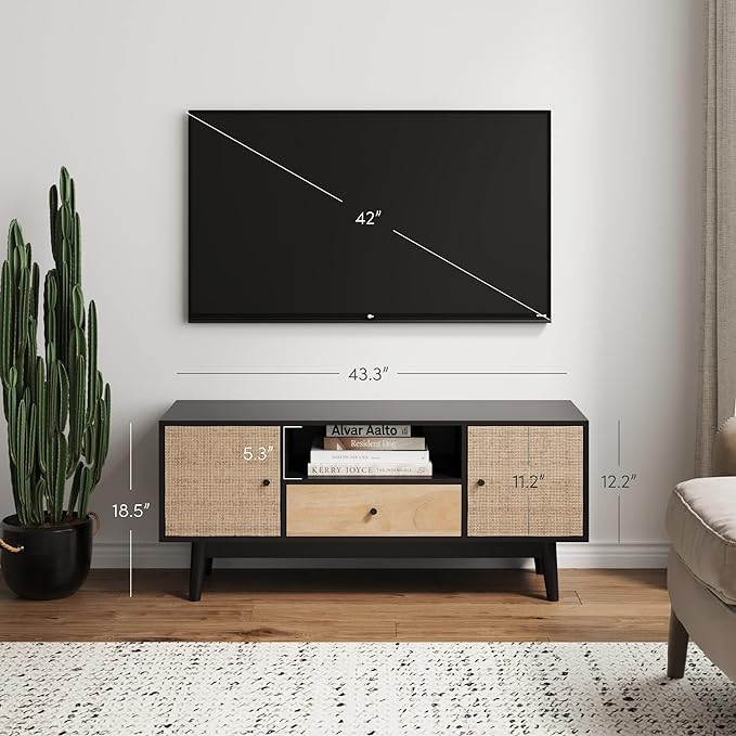 Nathan James Bonnie Modern TV Stand Entertainment Cabinet, Console with a Natural Wood Finish with Storage Doors for Living Media Room, with Drawer, Black Oak/Rattan - LeafyLoom