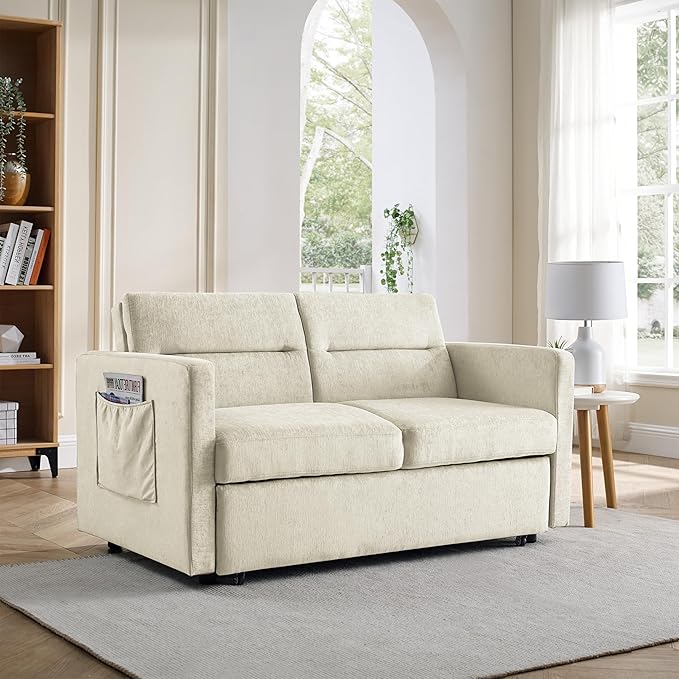 3 in 1 Sleeper Sofa Bed,Contemporary Minimalist Style 2 Seater Loveseat Convertible Sofa&Couch with Pull Out Sofabed and Side Storage Pockets for Home,Office,Apartment,RV Living Room Furniture - LeafyLoom