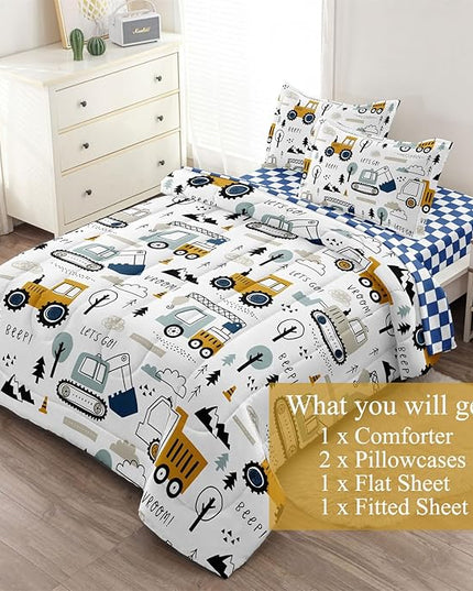 5-Pcs Construction Full Size Boys Bedding Set, Kids Comforter Set for Teens w/Sheets and Pillowcase, Soft Cartoon Tractor Cars Bed in a Bag Sets - LeafyLoom