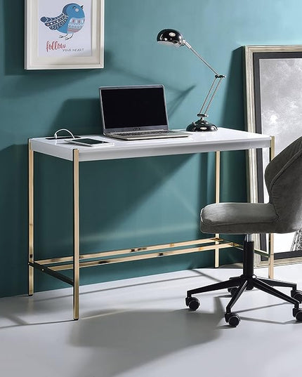 Acme Midriaks Wooden Top Writing Desk with USB Port in White and Gold - LeafyLoom