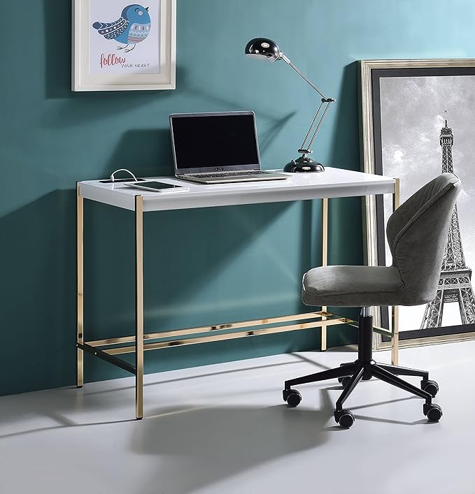Acme Midriaks Wooden Top Writing Desk with USB Port in White and Gold - LeafyLoom