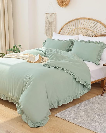 JANZAA California King Comforter Set Sage Green Comforter 3PCS Soft Fluffy Boho Comforter Vintage Farmhouse Bed (1 Ruffle Comforter with 2 Pillowcases) Shabby Chic Bedding for All Season - LeafyLoom