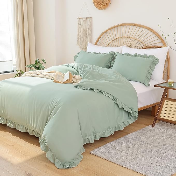 JANZAA California King Comforter Set Sage Green Comforter 3PCS Soft Fluffy Boho Comforter Vintage Farmhouse Bed (1 Ruffle Comforter with 2 Pillowcases) Shabby Chic Bedding for All Season - LeafyLoom