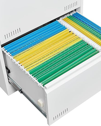 2 Drawer Lateral Lock and Card Holder, Multifunctional Metal Filing Cabinets w/Heavy 3 Section Slide Rail & Breathable Holes,for Legal/Letter/A4,White - LeafyLoom