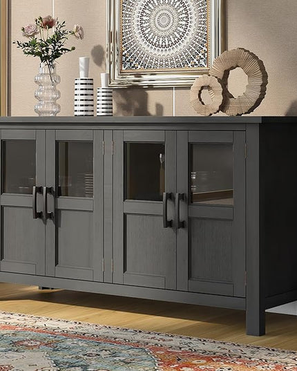 Merax Farmhouse Sideboard Buffet Cabinet with Storage, 4 Door Wood Cupboard w/Adjustable Shelves, Console Table for Kitchen, Dining/Living Room, Grey - LeafyLoom