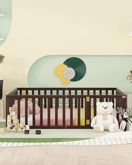 Multifunctional Full Size Floor Bed with Safety Guardrails and Door, Montessori Sturdy Solid Wood Beds Frame, Easy Assembly and No Spring Need, for Boys and Girls Room, Walnut - LeafyLoom