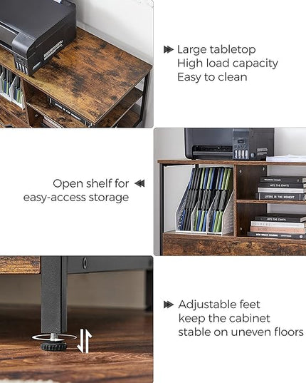 VASAGLE Lateral File Cabinet with Open Shelves and Drawer, for A4, Letter and Legal Sized Documents, Printer Stand, Rustic Brown + Black - LeafyLoom