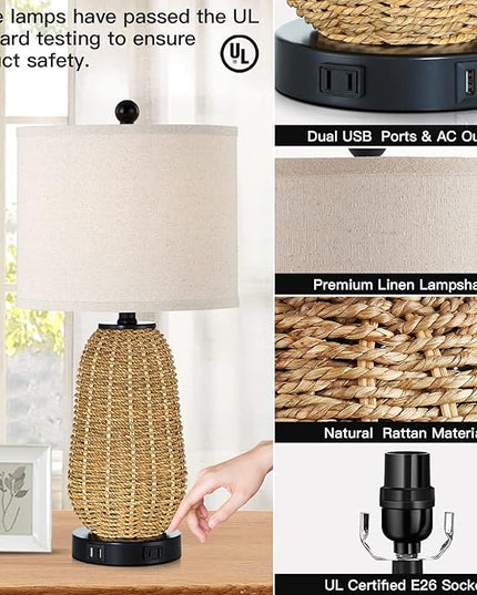 Touch Control Rattan Table Lamps, 3 Way Dimmable Bedside Lamps for Bedroom Set of 2 with 2 USB Ports and AC Outlet, Grass Rope Nightstand Lamps for Living Room Office (2 LED Bulbs Included) - LeafyLoom
