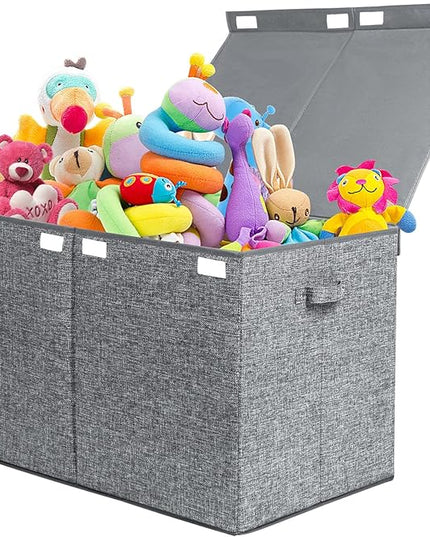 popoly 122L Large Toy Box Chest with Lid, Foldable Toy Storage Organizer Bin Boxes with Removable Divider for Kids, Boys, Girls, Nursery, Playroom, 26"x17" x17"(Linen Gray) - LeafyLoom