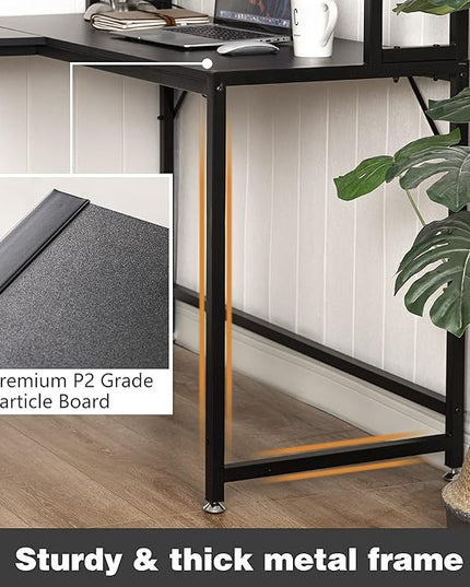 Becko US L Shaped Desk with Hutch, 56 Inch Corner Computer Desk, Home Office Writing Desk with Storage Shelves, Space Saving (Black) - LeafyLoom