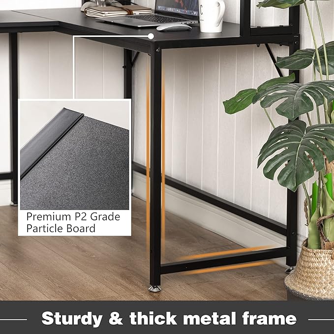 Becko US L Shaped Desk with Hutch, 56 Inch Corner Computer Desk, Home Office Writing Desk with Storage Shelves, Space Saving (Black) - LeafyLoom