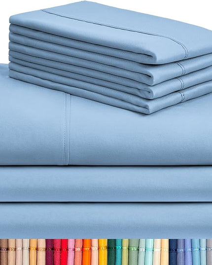 LuxClub 7 PC Split King Sheet Set, Breathable Luxury Bed Sheets, Deep Pockets 18" Eco Friendly Wrinkle Free Cooling Sheets Machine Washable Hotel Bedding Silky Soft - Sky Split King - LeafyLoom