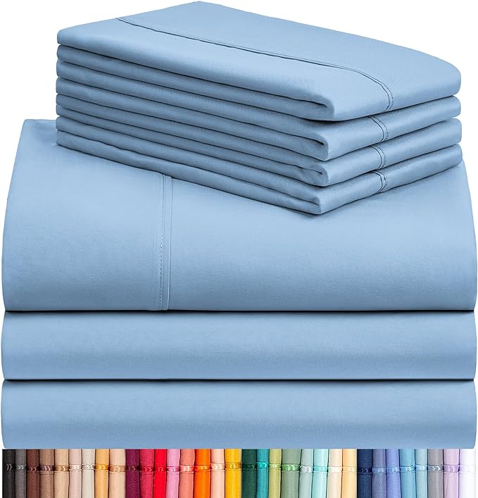 LuxClub 7 PC Split King Sheet Set, Breathable Luxury Bed Sheets, Deep Pockets 18" Eco Friendly Wrinkle Free Cooling Sheets Machine Washable Hotel Bedding Silky Soft - Sky Split King - LeafyLoom