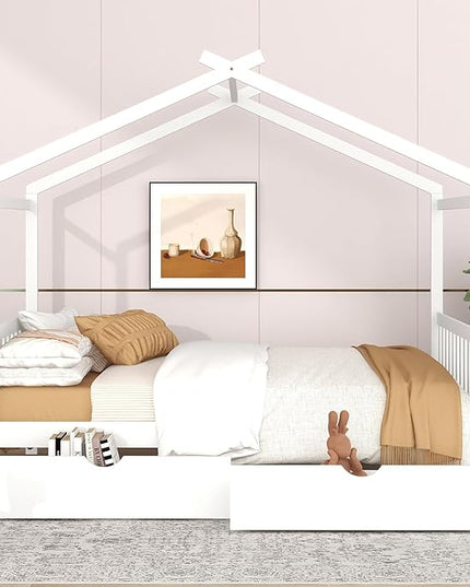Full Size Bed Frame with Headboard and Footboard, Low House Bed/Full Bed Frame with Storage Drawer, Wood Bed Frame for Kids, Girls, Boys (White Drawer, Full) - LeafyLoom