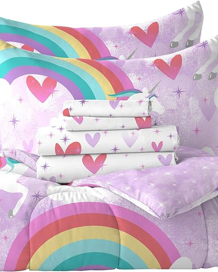 dream FACTORY Kids 7-Piece Complete Set Easy-Wash Super Soft Microfiber Comforter Bedding, Full, Purple Unicorn Rainbow - LeafyLoom