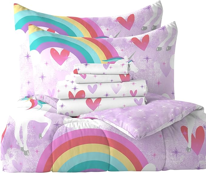 dream FACTORY Kids 7-Piece Complete Set Easy-Wash Super Soft Microfiber Comforter Bedding, Full, Purple Unicorn Rainbow - LeafyLoom