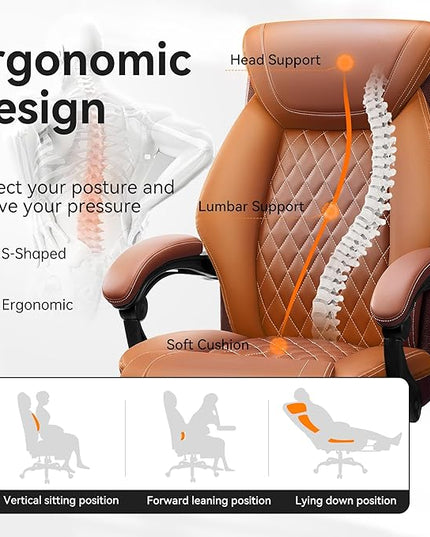 Office Chair, Executive Leather Chair Adjustable High Back, Ergonomic Computer Desk Chair Lumbar Support, Big and Tall Office Chair with Footrest, Comfy Reclining Chair for Home Office - LeafyLoom