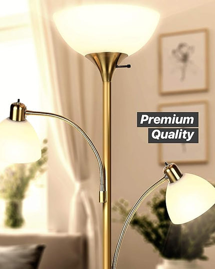 Brightech Sky Dome Double LED Floor lamp, Torchiere Super Bright Floor Lamp with 2 Reading Lamps for Living Rooms & Offices - Dimmable Tall Standing Lamp for Bedroom Reading - Tall Brass Pole - LeafyLoom