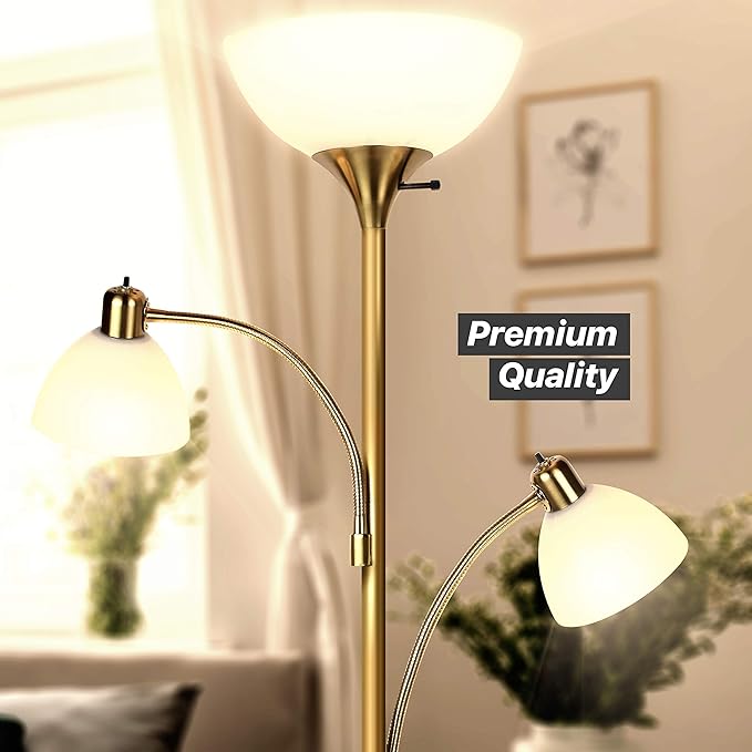 Brightech Sky Dome Double LED Floor lamp, Torchiere Super Bright Floor Lamp with 2 Reading Lamps for Living Rooms & Offices - Dimmable Tall Standing Lamp for Bedroom Reading - Tall Brass Pole - LeafyLoom