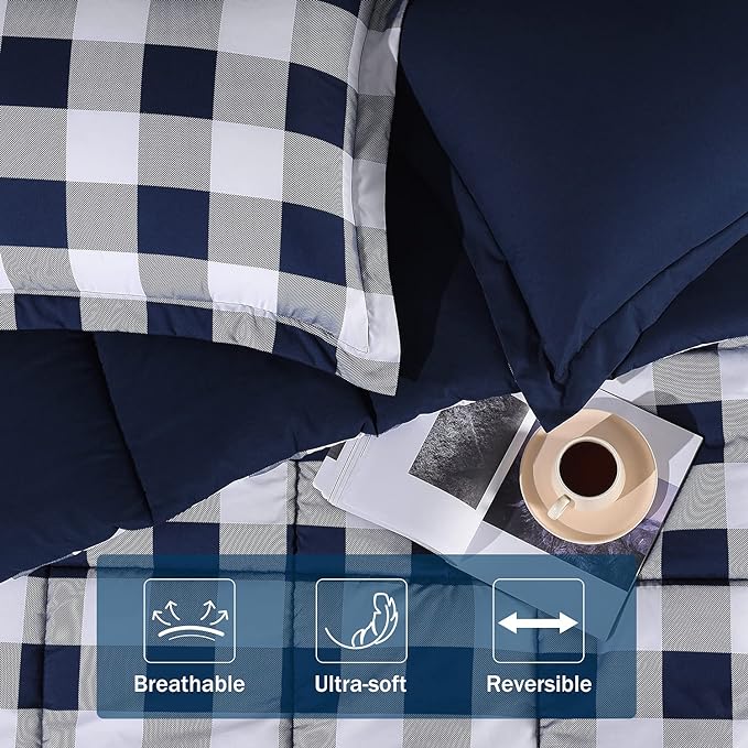 downluxe Lightweight Plaid Comforter Set (Queen) with 2 Pillow Shams - 3-Piece Set - Blue/White Plaid - Down Alternative Reversible Comforter - LeafyLoom