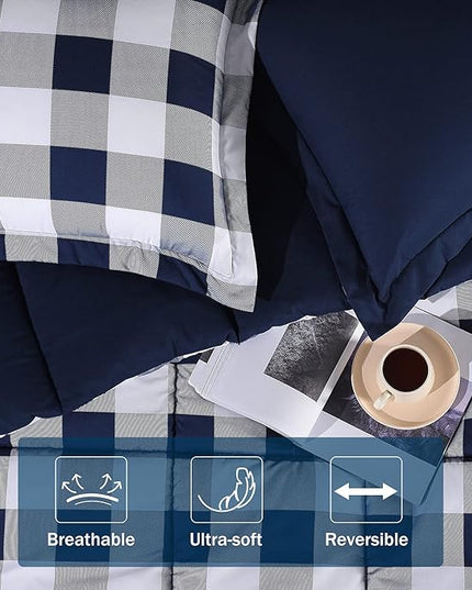 downluxe Lightweight Plaid Comforter Set (King) with 2 Pillow Shams - 3-Piece Set - Blue/White Plaid - Down Alternative Reversible Comforter - LeafyLoom