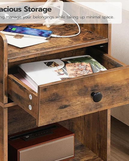HOOBRO Nightstand with Charging Station, End Table with Drawer and Opening Shelf, Side Table with USB Ports and Outlets, Bedside Table for Bedroom, Small Night Stand, Rustic Brown FG18UBZ01 - LeafyLoom
