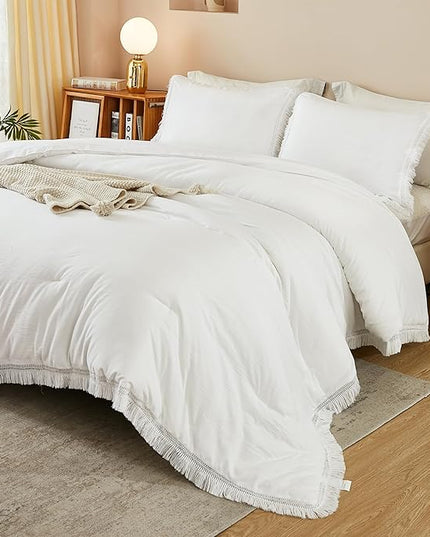 Litanika California King Comforter Set White, 3 Pieces Cal King Boho Tassel Bed Comforter, Oversized Soft Lightweight Bedding Comforter Sets for All Season(1 Comforter 104x96 inch, 2 Pillowcases) - LeafyLoom