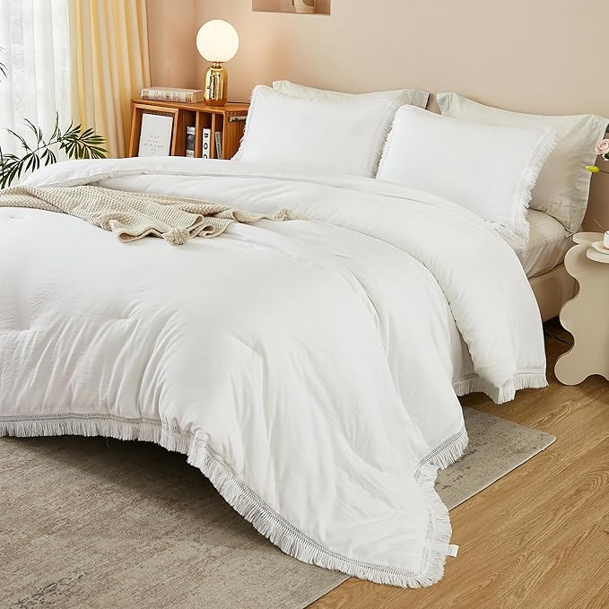 Litanika California King Comforter Set White, 3 Pieces Cal King Boho Tassel Bed Comforter, Oversized Soft Lightweight Bedding Comforter Sets for All Season(1 Comforter 104x96 inch, 2 Pillowcases) - LeafyLoom