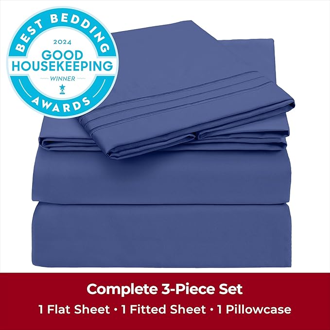 Mellanni Twin XL Sheets Set - 3 PC Iconic Collection Bedding Sheets & Pillowcases - Hotel Luxury, Extra Soft, Cooling Bed Sheets - Deep Pocket up to 16 inch (Twin Extra Long, Blue Nova) - LeafyLoom
