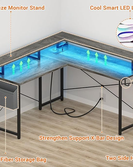armocity L Shaped Computer Desk with Power Outlets, Gaming Desk L Shaped with LED Lights, Corner Desk with Storage Shelves, Work Study Desk for Bedroom, Home Office Small Spaces, 47'', Grey Oak - LeafyLoom