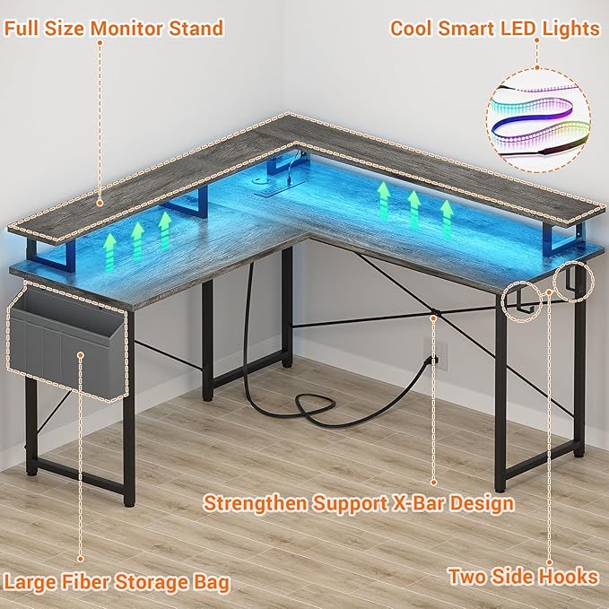armocity L Shaped Computer Desk with Power Outlets, Gaming Desk L Shaped with LED Lights, Corner Desk with Storage Shelves, Work Study Desk for Bedroom, Home Office Small Spaces, 47'', Grey Oak - LeafyLoom
