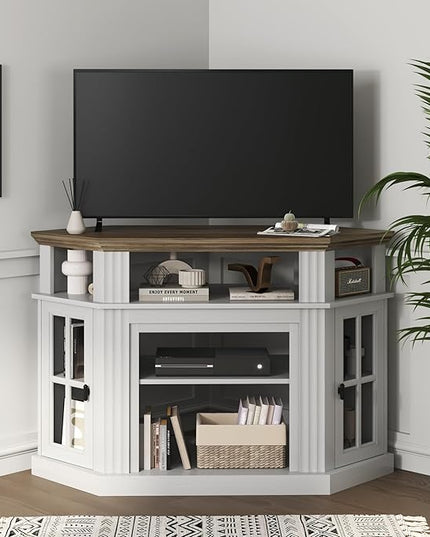 YESHOMY Corner Fireplace TV Stand for Television up to 55" with Storage Cabinets, Entertainment Center, Media Console for Living Room, Bedroom, White - LeafyLoom